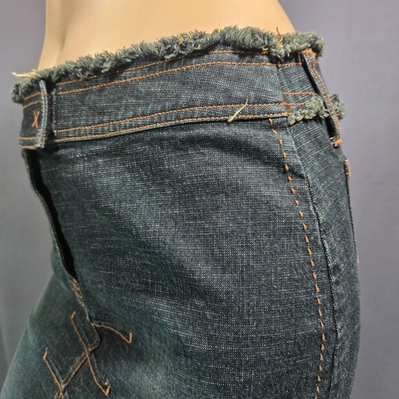 Vintage Parasuco Fringed Denim Midi Skirt Size S Dark Wash Grunge Festival - Picture 6 of 10